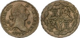 Charles III
4 Maravedís. 1779. SEGOVIA. 5,26 grs. AC-59. EBC-/MBC+.