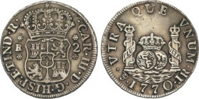 Charles III
2 Reales. 1770. POTOSÍ. J.R. 6,6 grs. Columnario. (Perforación reparada). Pátina. ESCASA. AC-711. MBC+.
