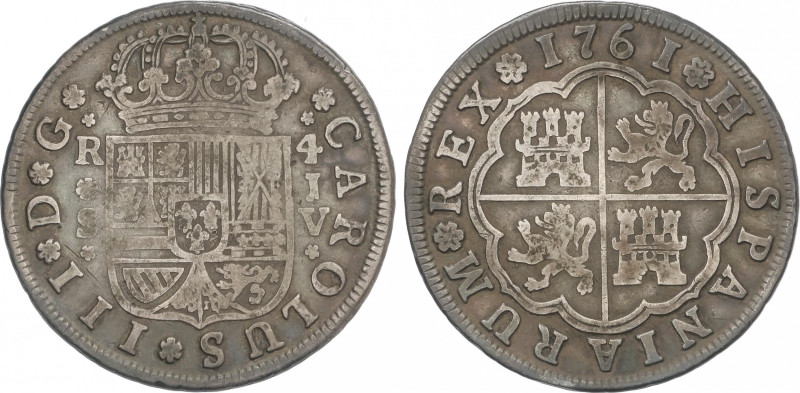 Charles III
4 Reales. 1761. SEVILLA. J.V. 12,96 grs. Pátina. AC-773. MBC.