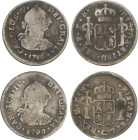 Charles IV
Lote 2 monedas 1/2 Real. 1789 y 1790. POTOSÍ. P.R. Busto de Carlos III. Ordinal IV. (Una con restos de adhesivo en reverso). Pátina. MUY E...