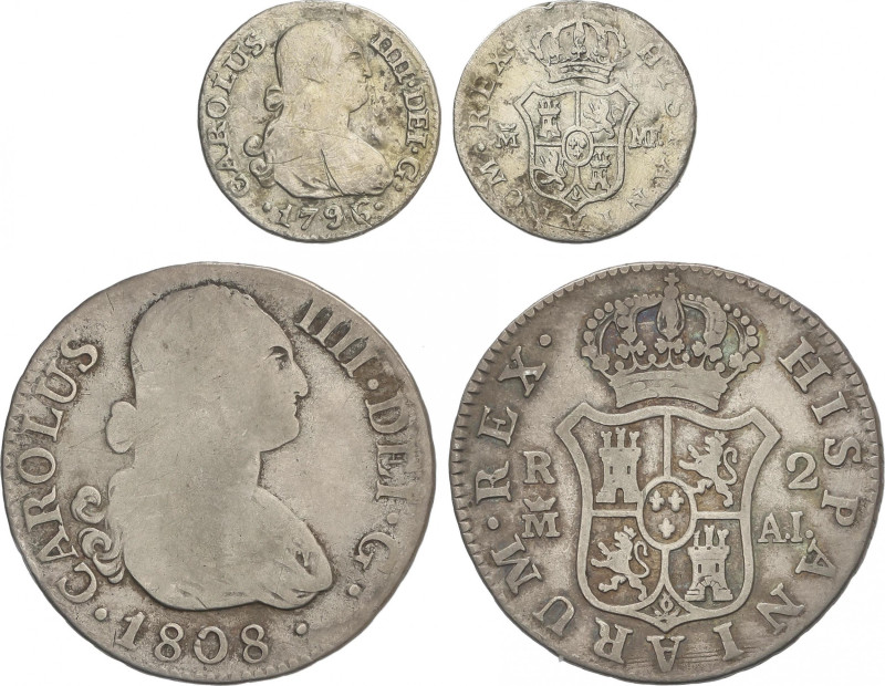 Charles IV
Lote 2 monedas 1/2 y 1 Real. 1796 y 1808. MADRID. A.I. y M. F. 1,31 ...