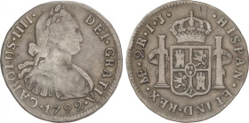 Charles IV
2 Reales. 1792. LIMA. I.J. 6,39 grs. Segundo busto propio. Pátina. AC-574. BC+/MBC-.
