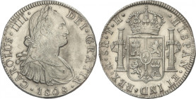 Charles IV
8 Reales. 1808/7. MÉXICO. T.H. 26,92 grs. (Oxidaciones limpiadas). AC-987. EBC-.