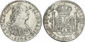 Charles IV
8 Reales. 1808. MÉXICO. T.H. 26,88 grs. (Oxidaciones limpiadas y golpecitos). AC-988. EBC-.