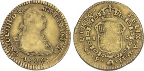 Charles IV
1 Escudo. 1805/4. POPAYAN. J.T. 3,23 grs. (Acuñación floja en parte. (Leves rayitas). AC-1165.1. MBC.