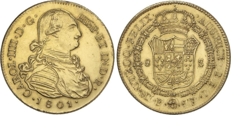 Charles IV
8 Escudos. 1801. POPAYAN. J.F. 26,48 grs. Repintada en reverso. (Des...