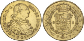 Charles IV
8 Escudos. 1801. POPAYAN. J.F. 26,48 grs. Repintada en reverso. (Descolgada y pulida). AC-1674; XC-1064. MBC.