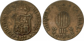 Ferdinand VII
3 Cuartos. 1811. CATALUNYA. 7,29 grs. Variante rosetas de 6 puntas. AC-10; HG-12. MBC-/MBC.