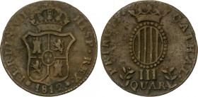 Ferdinand VII
3 Cuartos. 1812. CATALUNYA. 6,56 grs. Fecha pequeña. (Oxidaciones). AC-11; HG-13. MBC-/MBC.