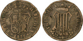 Ferdinand VII
6 Cuartos. 1811. CATALUNYA. 13,39 grs. Variante las R de las leyendas son B, rara variedad. (Golpes). AC-17. BC+.
