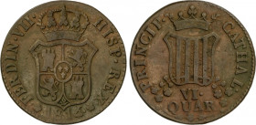 Ferdinand VII
6 Cuartos. 1814. CATALUNYA. 13,85 grs. Rosetones de 5 petalos y VI con punto, rara variedad. AC-16; HG-26. MBC.
