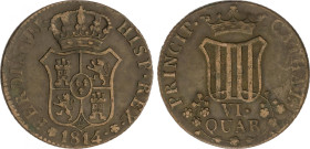 Ferdinand VII
6 Cuartos. 1814. CATALUNYA (MALLORCA). 13,68 grs. Rosetones de 5 petalos. ESCASA. AC-20; HG-26. MBC.