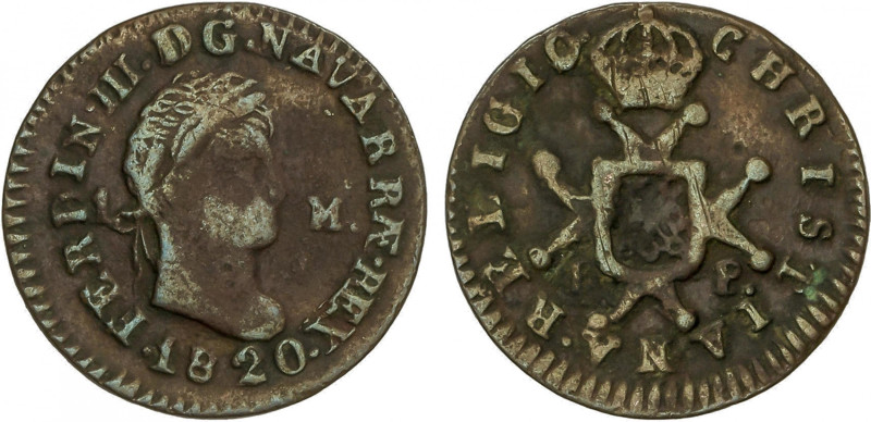 Ferdinand VII
1 Maravedí. 1820. PAMPLONA. 1,92 grs. (Oxidaciones). AC-35. MBC-/...