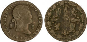 Ferdinand VII
2 Maravedís. 1832. SEGOVIA. 2,51 grs. Variante: FERDIN IIV. ESCASA. AC-156. MBC-.