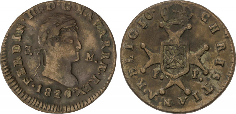 Ferdinand VII
3 Maravedís. 1820. PAMPLONA. 5,29 grs. Busto laureado estrecho. (...