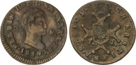Ferdinand VII
3 Maravedís. 1820. PAMPLONA. 5,29 grs. Busto laureado estrecho. (Oxidaciones). AC-46. MBC.