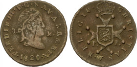 Ferdinand VII
3 Maravedís. 1820. PAMPLONA. 5,24 grs. Busto laureado estrecho. ESCASA. AC-46. MBC-.