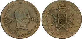 Ferdinand VII
3 Maravedís. 1826. PAMPLONA. 5,61 grs. (Oxidaciones). ESCASA. AC-49. MBC-/MBC.
