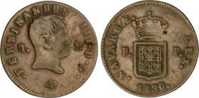 Ferdinand VII
3 Maravedís. 1830. PAMPLONA. 4,55 grs. AC-51. MBC-/MBC.