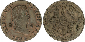 Ferdinand VII
4 Maravedís. 1833. SEGOVIA. 4,67 grs. (Leves hojitas). AC-188. EBC-.