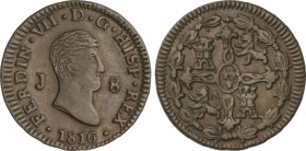 Ferdinand VII
8 Maravedís. 1816. JUBIA. 9,3 grs. AC-195. MBC+.