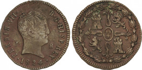 Ferdinand VII
8 Maravedís. 1824. JUBIA. 9,66 grs. Tipo Cabezón. AC-207. MBC-.