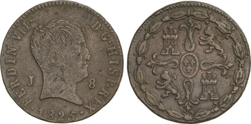 Ferdinand VII
8 Maravedís. 1825. JUBIA. 10,47 grs. Tipo Cabezón. AC-208. MBC.