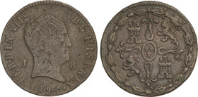 Ferdinand VII
8 Maravedís. 1825. JUBIA. 10,47 grs. Tipo Cabezón. AC-208. MBC.