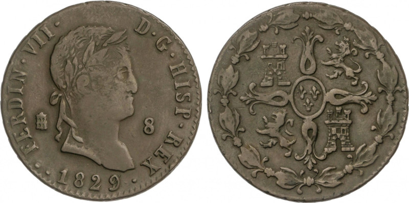 Ferdinand VII
8 Maravedís. 1829/7. SEGOVIA. 11,2 grs. AC-232. MBC.