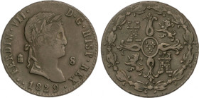 Ferdinand VII
8 Maravedís. 1829/7. SEGOVIA. 11,2 grs. AC-232. MBC.