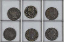 Ferdinand VII
Lote 6 monedas 8 Maravedís. 1820, 24, 26, 31, 32, 33. SEGOVIA. A EXAMINAR. AC-218, 224, 228, 236, 238, 239. BC a MBC-.