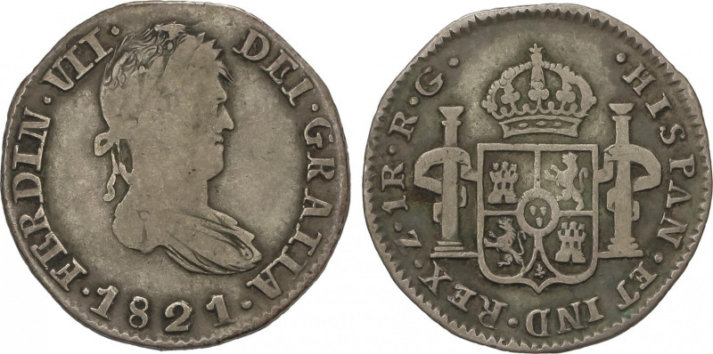 Ferdinand VII
1 Real. 1821. ZACATECAS. R.G. 3,37 grs. AC-714. BC+/MBC-.