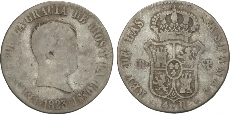 Ferdinand VII
4 Reales. 1823. BARCELONA. S.P. 5,51 grs. Módulo 2 Reales. AC-722...