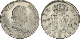 Ferdinand VII
2 Reales. 1811. CADIZ. C.I. 5,78 grs. Ceca grande. (Hojita, Acuñación floja en parte). AC-726. MBC+.