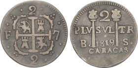 Ferdinand VII
2 Reales. 1819. CARACAS. B.S. 4,81 grs. Leones y castillos. Pátina. MUY ESCASA. AC-732. MBC.