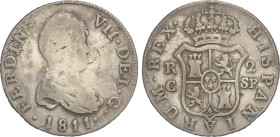 Ferdinand VII
2 Reales. 1811. CATALUNYA. S.F. 5,37 grs. Con puntos entre S y F. AC-765. BC+/MBC-.