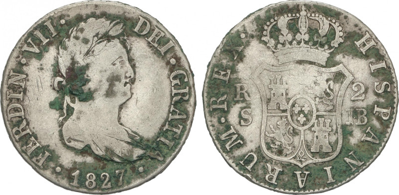 Ferdinand VII
2 Reales. 1827. SEVILLA. J.B. 5,79 grs. (Oxidaciones). AC-959. BC...