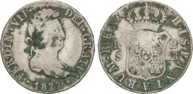 Ferdinand VII
2 Reales. 1827. SEVILLA. J.B. 5,79 grs. (Oxidaciones). AC-959. BC+.