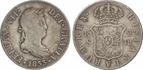 Ferdinand VII
2 Reales. 1833. SEVILLA. J.B. 5,66 grs. AC-967. MBC-.