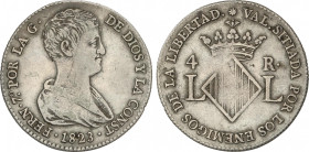 Ferdinand VII
4 Reales. 1823. VALENCIA. 5,59 grs. Módulo 2 Reales. (Rayitas). AC-993. MBC.
