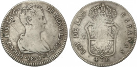 Ferdinand VII
4 Reales. 1823. VALENCIA. 5,71 grs. Módulo 2 Reales. ESCASA. AC-993. MBC-.