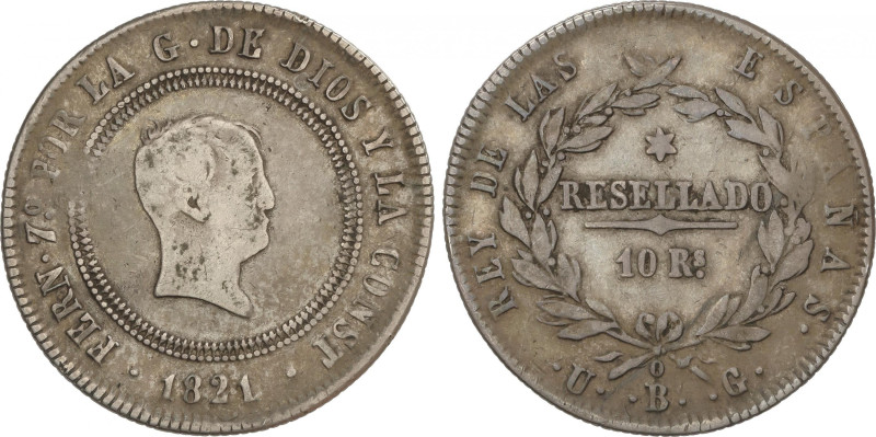 Ferdinand VII
10 Reales. 1821. BILBAO. U.G. 12,44 grs. Módulo 4 Reales. Resella...
