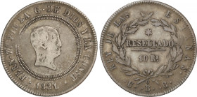 Ferdinand VII
10 Reales. 1821. BILBAO. U.G. 12,44 grs. Módulo 4 Reales. Resellada. Pátina. AC-1023. MBC-/MBC.