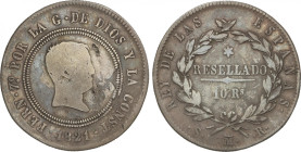 Ferdinand VII
10 Reales. 1821. MADRID. S.R. 13,37 grs. Módulo 4 Reales. Resellada. AC-1088. BC+.