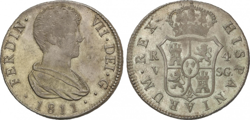 Ferdinand VII
4 Reales. 1811. VALENCIA. S.G. 13,39 grs. AC-1144. MBC+.