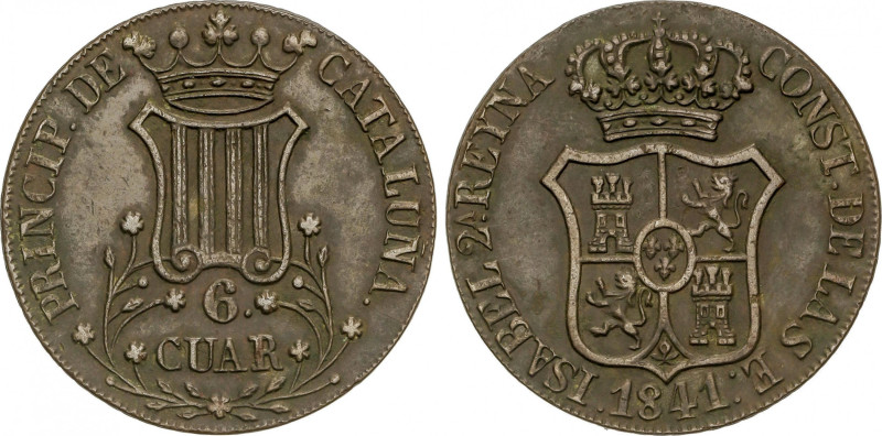 Isabel II
6 Cuartos. 1841. BARCELONA. 13,83 grs. Pátina ocura. AC-22. MBC+.