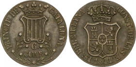 Isabel II
6 Cuartos. 1841. BARCELONA. 13,83 grs. Pátina ocura. AC-22. MBC+.