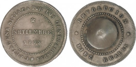 10 Reales. 1873. CARTAGENA. 14,96 grs. Soldadura con prendedor de ojal en anverso. ESCASA. (MBC).