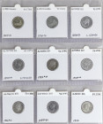 Lote 9 monedas 50 Céntimos. 1869 a 1926. GOBIERNO PROVISIONAL, ALFONSO XII y ALFONSO XIII. 1869 (*6-9) descolgada, 1870 (*7-0), 1880 (2) (*8-0), 1881 ...