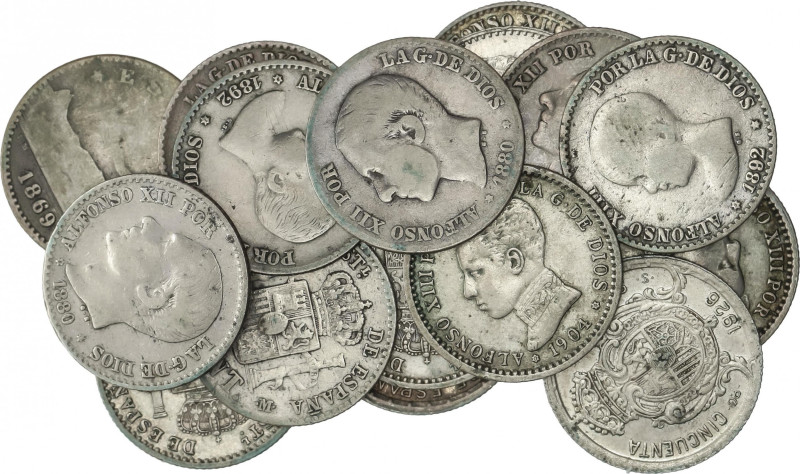 Lote 17 monedas 50 Céntimos. 1869 a 1926. 1869, 1880 (3), 1885, 1892 (4), 1894, ...